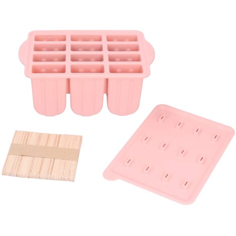 Moule à Glace Silicone 12 Cases avec Couvercle et 50 Bâtonnets - Rose (1/5)