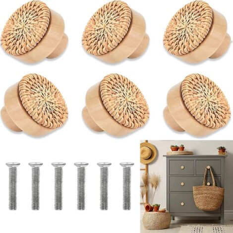 6 Pices 4x4.5cm Boutons De Meuble En Rotin, Bouton En Rotin En Bois, Bouton De Meuble, Pour Commodes Commodes Vintage Armoires De Cuisine Poignes (1/5)