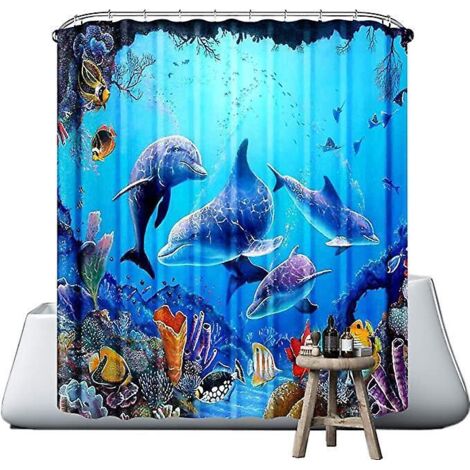 rideau De Douche Bleu (ocean Dolphin, 180 X 180 Cm), Rideau De Douche En Tissu Polyester Impermable Lavable En Machine, Rideau De Douche Dcoratif (1/5)