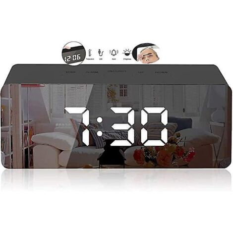 rveil Miroir Numrique Cratif (noir 14 3,4 5,5 Cm), Horloge De Chevet Led Avec Temprature, Snooze, Miroir De Maquillage Commande Vocale Avec (1/5)
