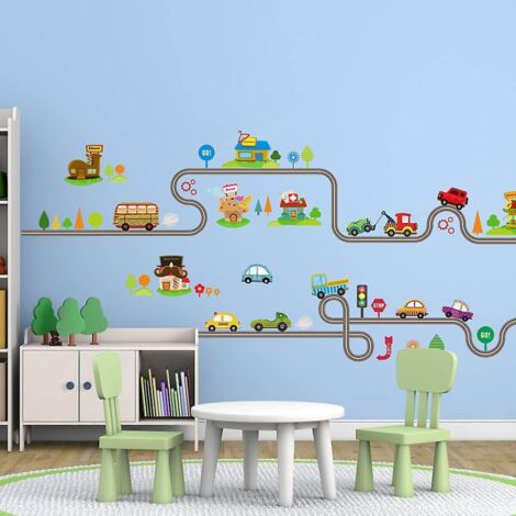 stickers Muraux Route Et Voiture (2 Feuilles) Stickers Muraux Pour Enfants Peler Et Coller, Dcoration Murale D'art Pour Chambre De Maternelle, Sal