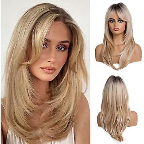 perruque Ombre Blonde Pour Femmes De 20 Pouces Avec Frange, Longue Verticale Naturelle, Avec Racines Fonces, Perruque Synthtique Rsistante La Cha