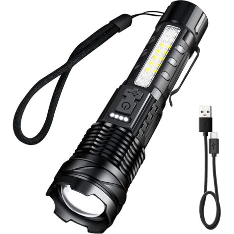 lampe Torche Led Ultra Puissante 2600lm - Rechargeable 7 Modes Usb-c Lampes De Poche Pile Avec Lumire Latrale Rouge Bleue, Clip, Indicateu (1/5)