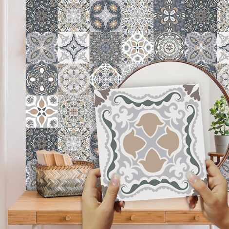 lot De 24 Stickers Muraux Mosaques 10x10cm Pour Salle De Bain Et Cuisine, Gris Et Blanc