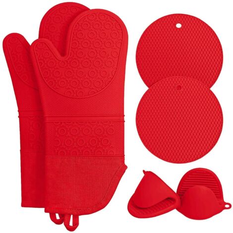 doublure Matelasse, Rouge, Lot De 6 Set De Mitaines De Four Extra Longues Et Mini Gants : Mitaines De Four En Silicone Rsistantes La Chaleur Avec (1/5)