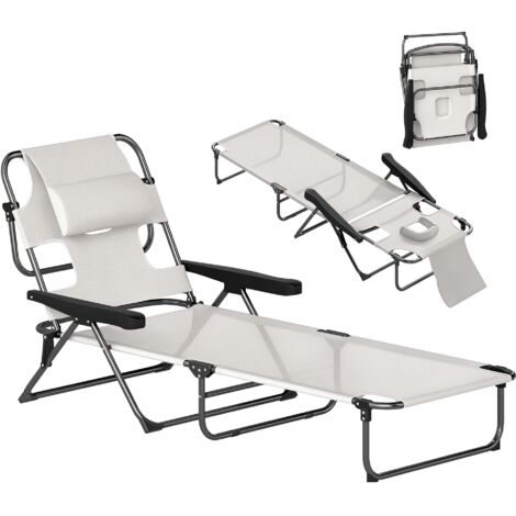 Chaise longue pliable jardin avec dossier inclinable 4 positions, repose-tête et tablette, dimensions 72x194x89 cm couleur crème (1/5)