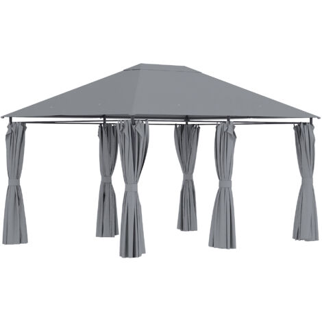 Pavillon de jardin style colonial avec double toit et parois amovibles, tonnelle 4x3m gris pour terrasses
