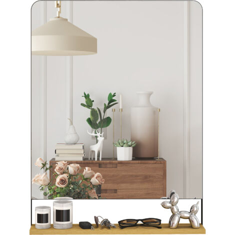 Miroir moderne rectangulaire 80x60 cm avec cadre métal noir et étagère bois, miroir mural décoratif