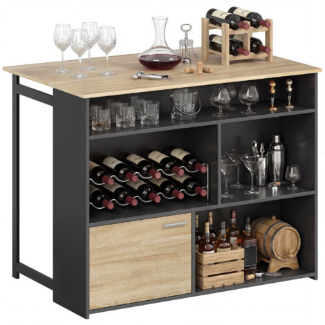 Table haute de bar extensible avec abattant, meuble de cuisine avec rangement, 1 placard et 4 niches, dimensions 116x79,6x90,5cm, couleur noir