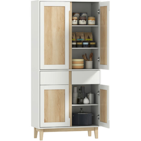 Armoire de cuisine 4 portes avec tiroirs, buffet rangement blanc chêne 80 cm, meuble haut cuisine design et fonctionnel.
