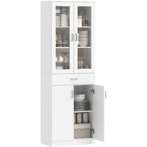 Armoire de cuisine blanche 4 portes avec verre, tiroirs et étagères ajustables, meuble haut 180 cm, design moderne pour rangement optimisé.