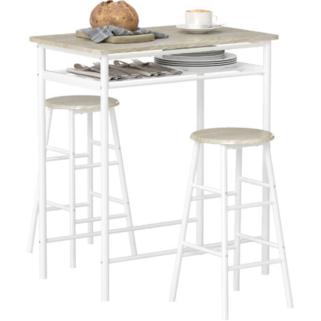 Table de bar blanche avec 2 tabourets, table à manger haute 80x50x90cm avec étagère et structure métal, parfaite pour cuisine ou salon.