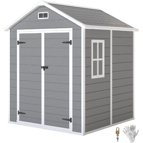 Abri de jardin en résine 2,7 m² avec plancher, portes à loquet et 3 fenêtres, structure aluminium 240x190x228 cm, couleur gris