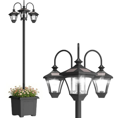 Lampadaire Solaire Extérieur 3 Bras avec Jardinière Intégrée, Détecteur de Lumière Automatique, 52x52x185 cm, Couleur Noir