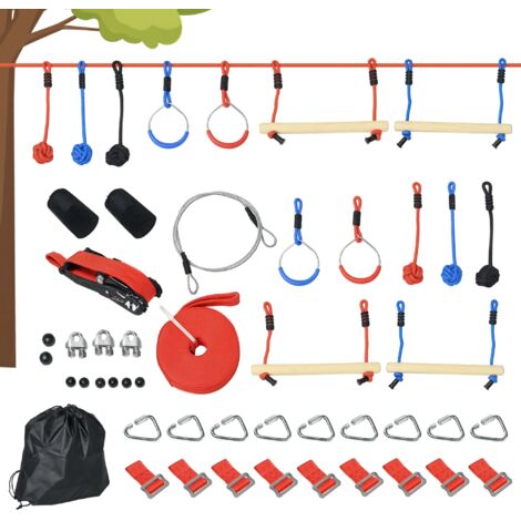 Parcours d'aventure ninja pour enfants avec slackline de 10 m, 30 accessoires et sac de transport, couleurs vives bleu noir rouge