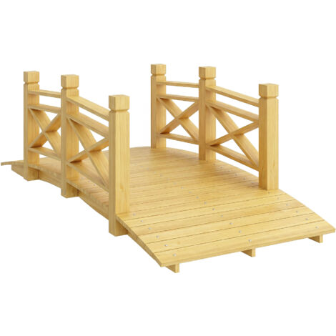 Pont de Jardin Courbé en Bois Carbonisé Sécurisé avec Main Courante, Supporte 200kg, Dimensions 174x78x57.5 cm, Finition Naturelle