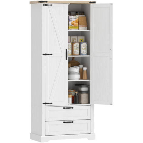 Armoire de cuisine rustique 2 portes 2 tiroirs, buffet haut 76 cm largeur, étagères ajustables, couleur blanc, meuble de rangement cuisine 180 cm.