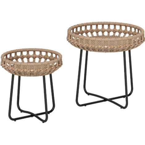 Set de 2 tables basses en polyrotin Ø60/41 cm, design rond avec pieds en X et pieds réglables, résistant aux intempéries, couleur marron. (1/5)