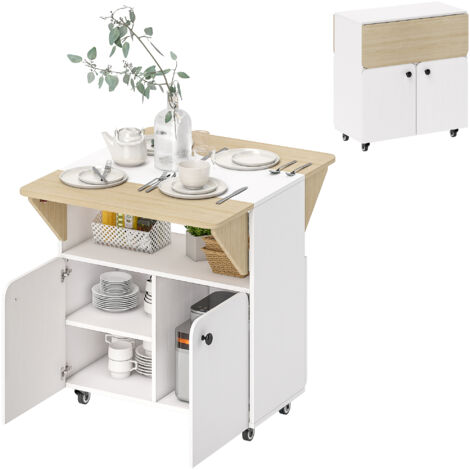 Table pliante avec rangement, deux côtés rabattables, tiroir, 4 roulettes, couleur blanc et bois naturel, dimensions 70 x 83 x 75 cm