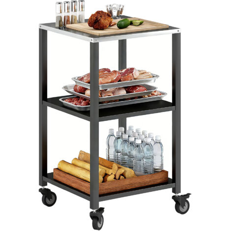 Grillwagen 3 niveaux avec table de travail en acier inoxydable et roulettes, chariot de service mobile 50x50x90 cm noir