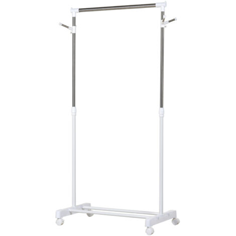 Portant vêtements sur roulettes, réglable en hauteur, avec tablette inférieure, 4 roues, couleur blanc (1/5)