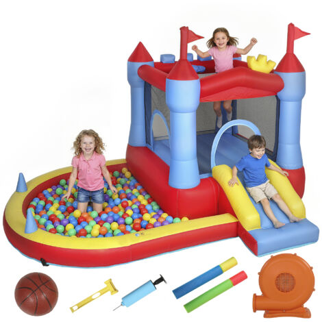 Château Gonflable avec Toboggan, Piscine à Balles et Trampoline - 342x255x209 cm, Parfait pour Jeux d'Extérieur