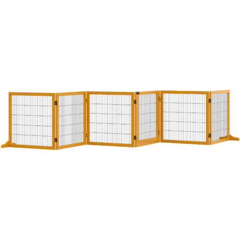 Barrière pour chien pliable en pin jaune, dimensions 432x36x70 cm, idéale pour la sécurité des animaux domestiques. (1/5)