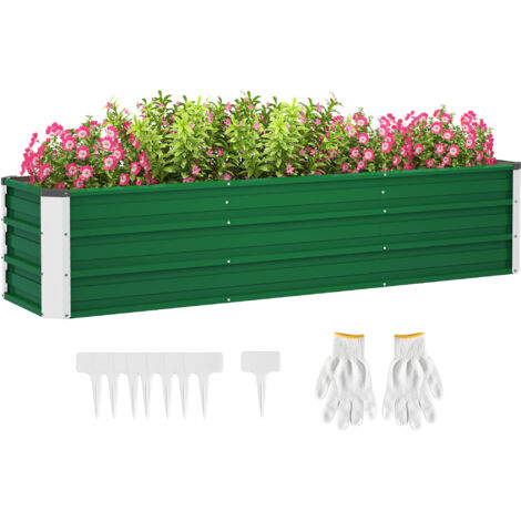 Hochbeet en acier avec 3 zones de culture distinctes, fond ouvert, montage facile, dimensions 183x47x40 cm, couleur verte