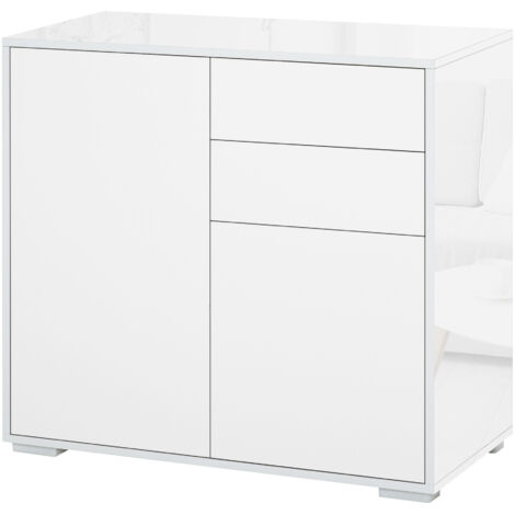 Mobiletto 2 tiroirs et 2 portes, ouverture à pression, meuble de rangement blanc mat 79x36x74 cm pour chambre et bureau (1/5)
