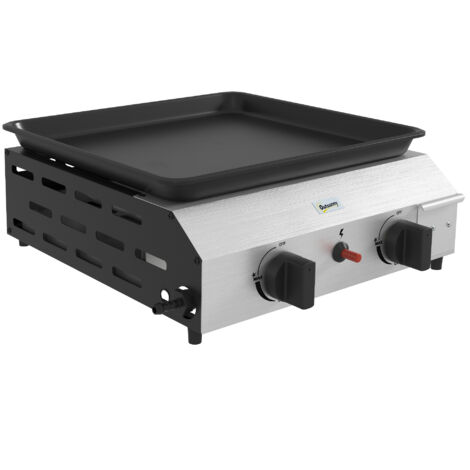 Grill à Gaz 2 Brûleurs, Plancha Anti-Adhésive 4.8kW, Barbecue Portable Argenté (1/5)