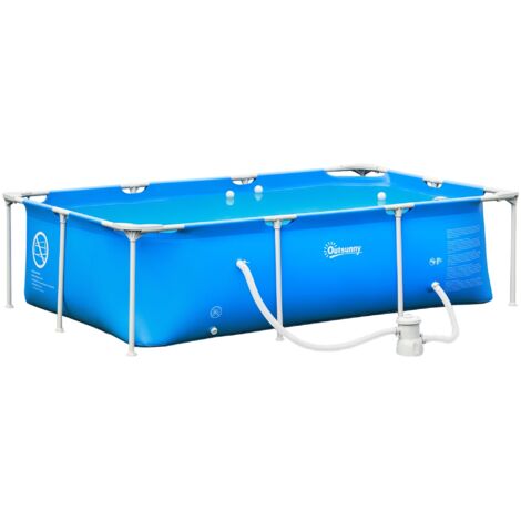 Piscine rectangulaire autoportante extérieure avec filtre à sable et vanne en acier, structure PVC renforcée, dimensions 252x152x65cm, couleur bleue