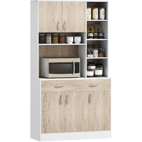 Meuble de cuisine mobile avec tiroirs et étagères ouvertes, 100x39x181.5 cm, blanc et bois (1/5)