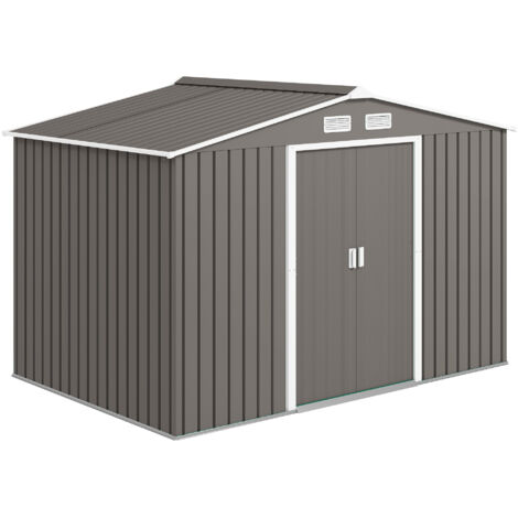 Abri de Jardin en Acier 4.9 m² avec Fondation, 2 Portes Coulissantes et 4 Aérations, 277x195x192 cm, Stockage Outils Extérieur, Gris (1/5)