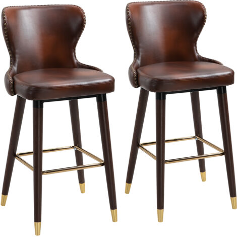 Paire de Tabourets de Bar Industriels Vintage avec Dossier et Repose-Pieds, Cuir Simili et Structure en Bois, pour Cuisine ou Salle à Manger, 101 cm de Haut (1/5)