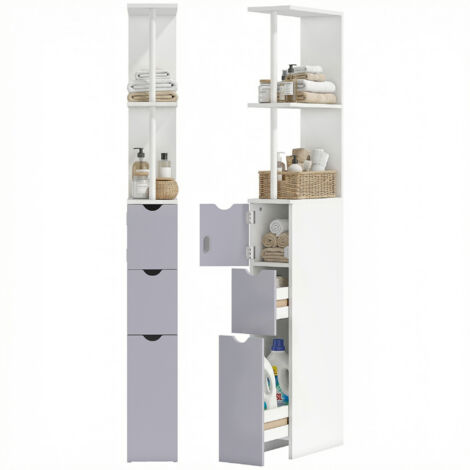 Colonne de Salle de Bain Étagère, Meuble de Rangement Économiseur d'Espace en Bois avec Porte, Étagères et Tiroirs, 15x33x136.8 cm, Gris Clair (1/5)