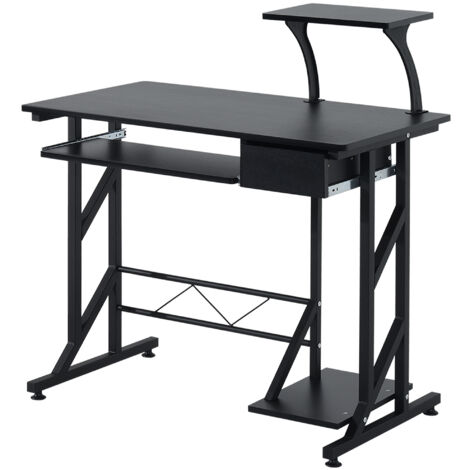 Bureau d'ordinateur compact en acier et bois avec tiroir et tablette clavier coulissante, 90x50x100 cm, noir (1/5)