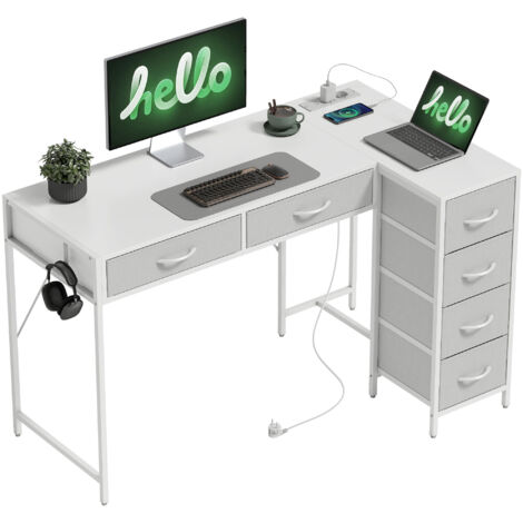 Bureau d'angle 6 tiroirs avec portemanteau latéral et prises intégrées, bois et acier, 126x48x80 cm, blanc (1/5)
