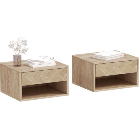 Paire de 2 Tables de Chevet Suspendues Contemporaines avec Tiroir et Étagère Ouverte, 37x32x21 cm, Bois Naturel (1/5)