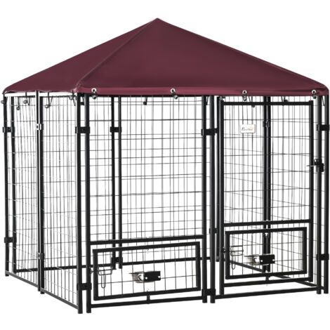 Cage pour Chien Extérieur en Acier avec Serrure, 2 Gamelles Amovibles et Toit en Oxford, Box Chien Noir et Rouge (1/5)