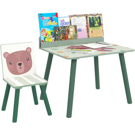 Table et Chaise Enfant avec Plateau Rangement en MDF et Pin, Vert Clair (1/5)