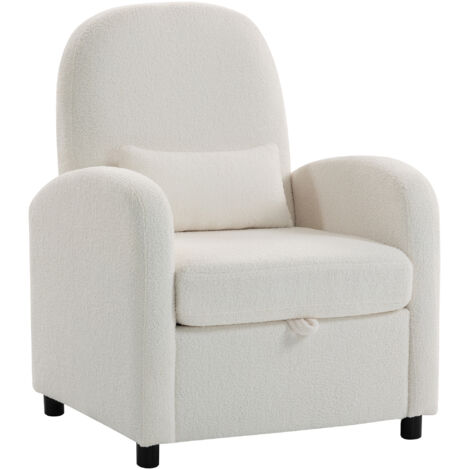 Fauteuil moderne avec rangement intégré et coussin, revêtement en peluche teddy, dimensions 76x77x95 cm, couleur crème (1/5)