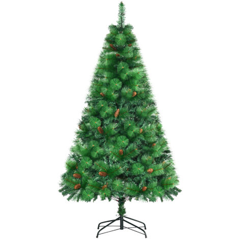 Sapin de Noël décoratif ignifuge avec 782 branches, pommes de pin et socle métal, PE et PVC, diamètre 116 cm hauteur 180 cm, vert (1/5)