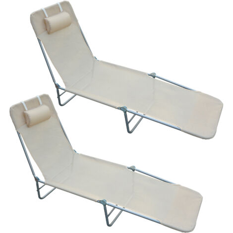 2 Chaises longues pliantes avec dossier inclinable 4 positions, structure métallique et toile aérée, couleur beige (1/5)