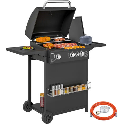Barbecue à Gaz avec Brûleurs Séparés, Thermomètre Intégré et Plan de Travail Latéral, Noir (1/5)