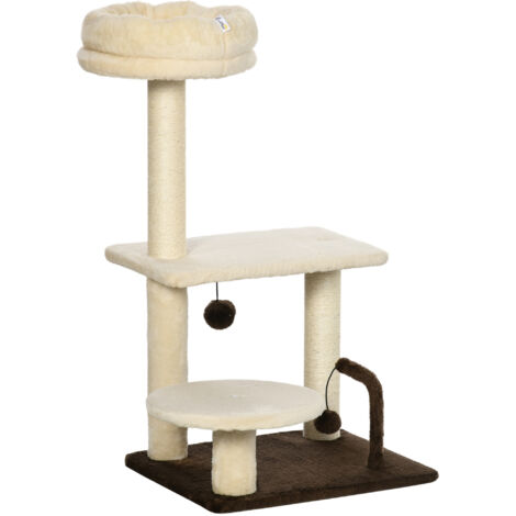 Arbre à chat avec griffoir sisal, plateforme et jouets suspendus, en bois et peluche, dimensions 44x38x81 cm (1/5)