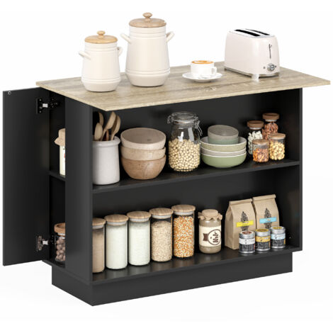 Isola de Cuisine avec 2 Étagères Ouvertes et 2 Placards, MDF 105x60x82 cm, Chêne et Noir (1/5)