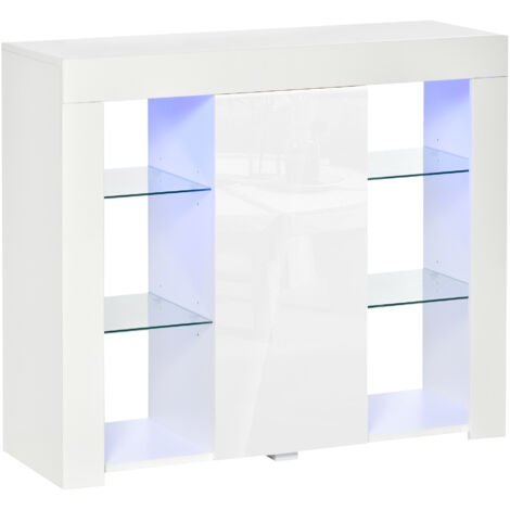 Credenza Contemporaine avec Portes et Étagères en Verre, Éclairage LED Intégré, Meuble de Rangement en Bois Laqué Blanc, Dimensions 97x35x83 cm (1/5)