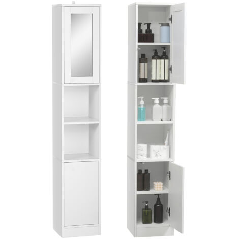 Colonne de Salle de Bain en Bois avec Miroir et Ouverture à Pression, 30x28x170cm, Blanc, Étagère de Rangement (1/5)