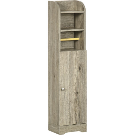 Armoire de Salle de Bain en Bois avec 2 Étagères et Porte, 23x18x100cm, Gris (1/5)