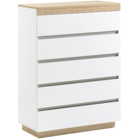 Commode 5 Tiroirs Moderne en Bois, 80x40x109 cm, Blanc et Chêne (1/5)